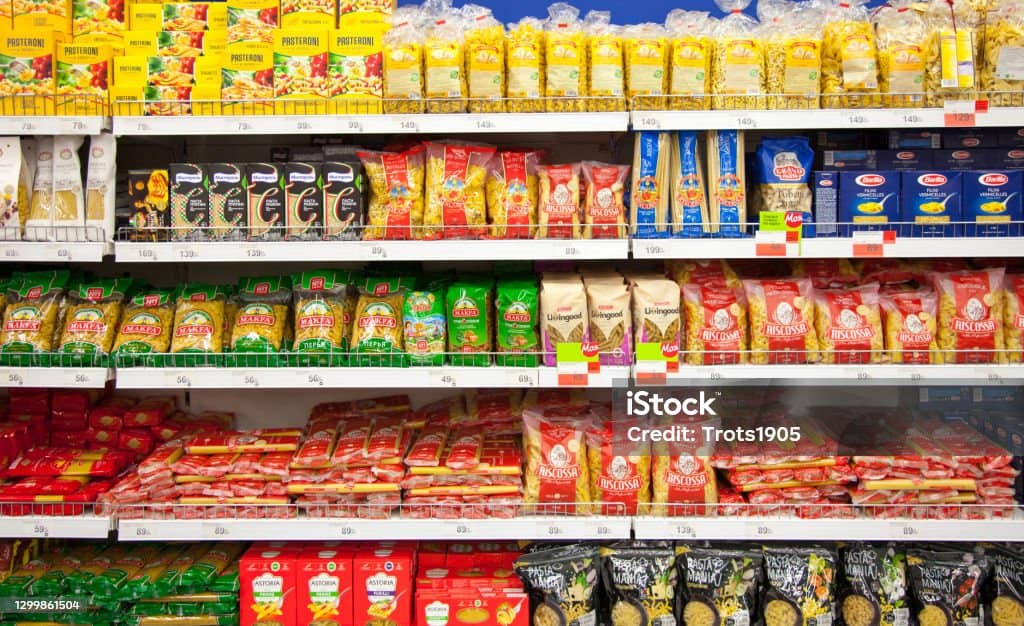 Kaliningrad, Russia - January 31, 2021: Pasta on supermarket shelves.