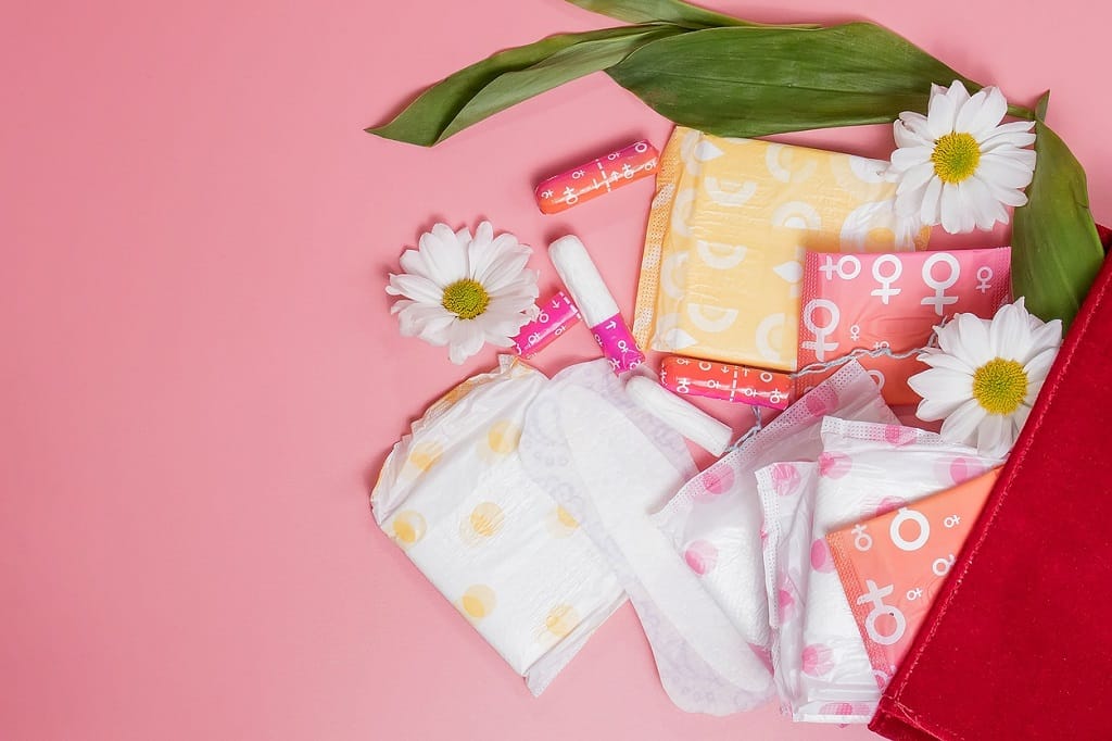 Menstrual tampons and pads in cosmetic bag. Menstruation cycle. Hygiene and protection.