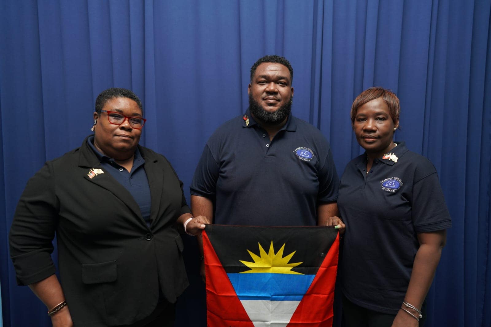 Center – AT&LU President Bernard de Nully Left_ 1st Vice President Lisa Ann Yearwood Right_ Executive Member Jaquis Browne