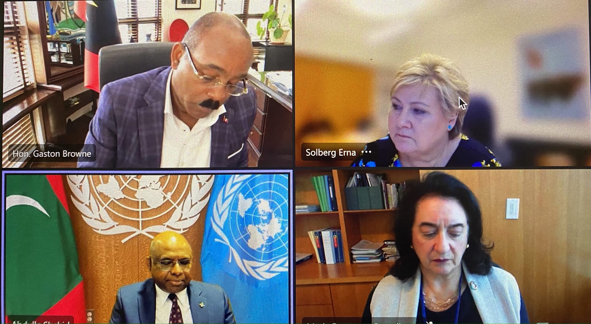 Prime Minister Browne on Zoom meeting