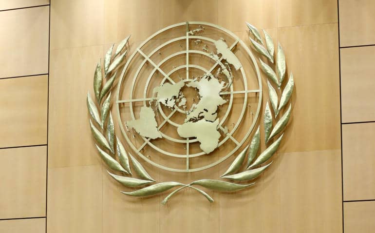 FILE PHOTO: The United Nations emblem is pictured at the 2nd Preparatory session of the 2020 Non Proliferation Treaty (NPT) Review Conference at the United Nations in Geneva